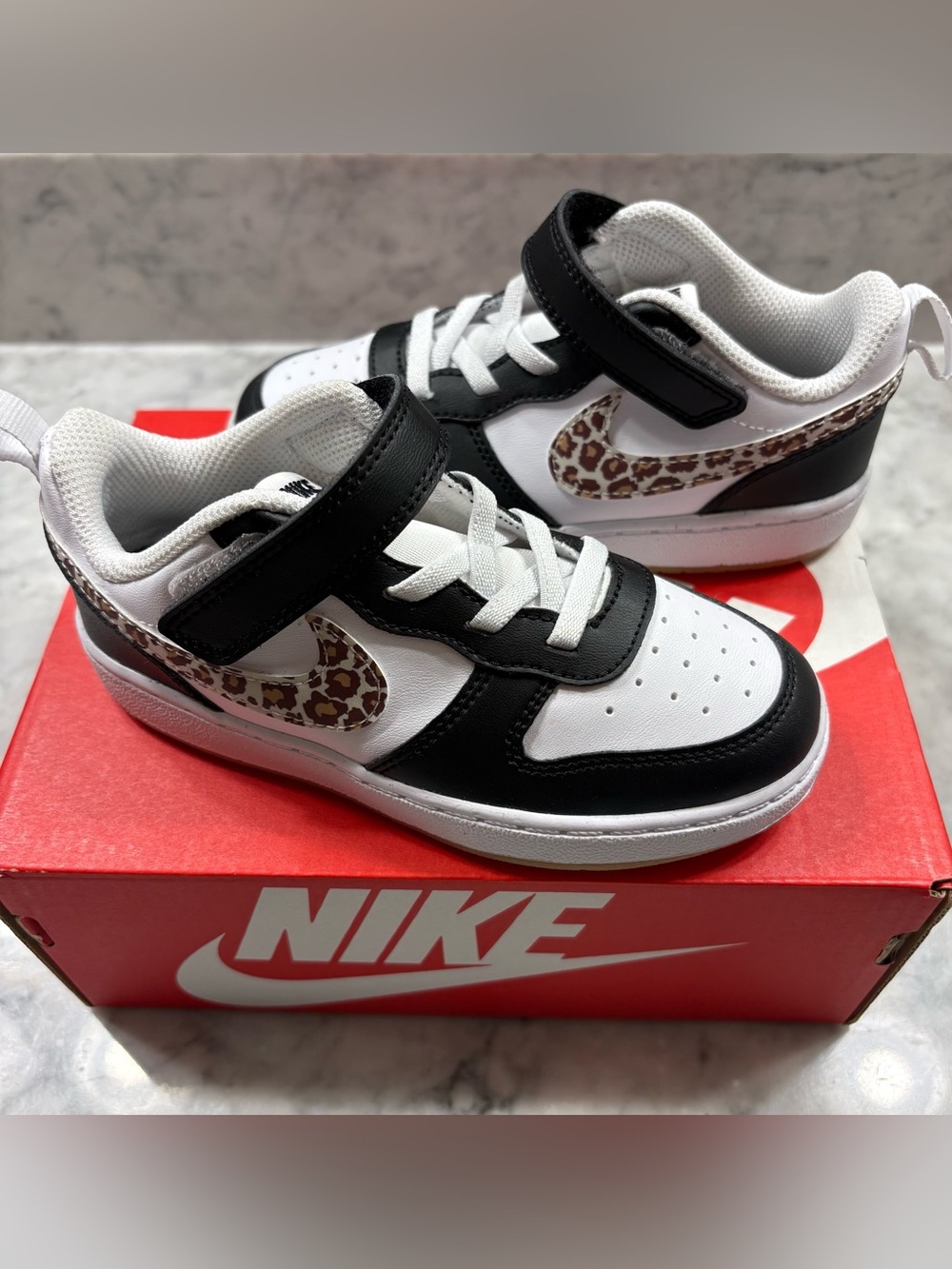 Nike Court Borough Low White Black Cheetah Toddler Little Girl Strap Shoe 10C